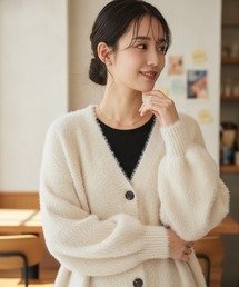 【ふわもこ質感・こなれ感】シャギーカーディガン/4色展開|ホワイト ブラック グレー ベージュ ボリューム袖 秋冬羽織り 大人カジュアル きれいめ