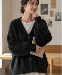 【ふわもこ質感・こなれ感】シャギーカーディガン/4色展開|ホワイト ブラック グレー ベージュ ボリューム袖 秋冬羽織り 大人カジュアル きれいめ