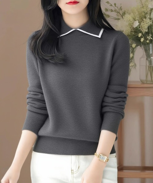 AMAJI(アマジ)の「ポロカラー ニットトップス(ニット/セーター・レディース・ブラウン/ホワイト/ブラック/ネイビー/グレー・FREE)」の9枚目の写真