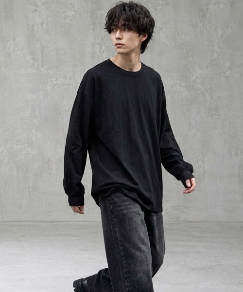 SHISKY（シスキー）の「ドローコード付きBIGロンT(846-05)（Tシャツ/カットソー・メンズ・ブラック×ホワイト/オフホワイト/カーキ/ベージュ/ブラック/チャコールグレー/ブラック×ブラック・XL/L/M）」の2枚目の写真