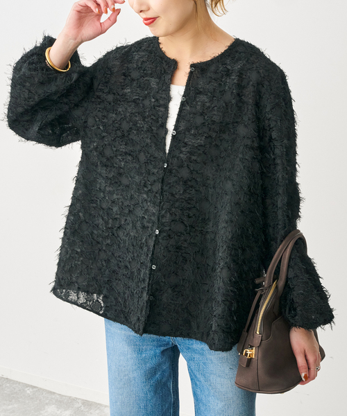 Spick & Span(スピックアンドスパン)の「カットジャガードパフスリーブブラウス(シャツ/ブラウス・レディース・ブラック/アイボリー・FREE)」の1枚目の写真