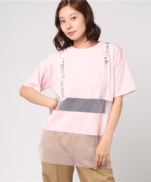WEGO(ウィゴー)の「WEGO/チュールボーダーロゴTシャツ(Tシャツ/カットソー・レディース・ライトピンク/ブラック/ホワイト・FREE)」の2枚目の写真