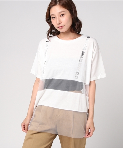 WEGO(ウィゴー)の「WEGO/チュールボーダーロゴTシャツ(Tシャツ/カットソー・レディース・ライトピンク/ブラック/ホワイト・FREE)」の1枚目の写真