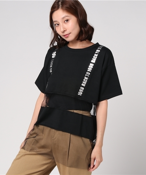 WEGO(ウィゴー)の「WEGO/チュールボーダーロゴTシャツ(Tシャツ/カットソー・レディース・ライトピンク/ブラック/ホワイト・FREE)」の3枚目の写真