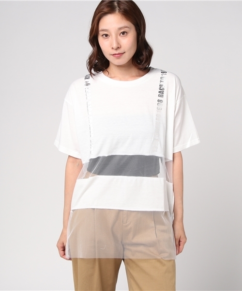 WEGO(ウィゴー)の「WEGO/チュールボーダーロゴTシャツ(Tシャツ/カットソー・レディース・ライトピンク/ブラック/ホワイト・FREE)」の4枚目の写真