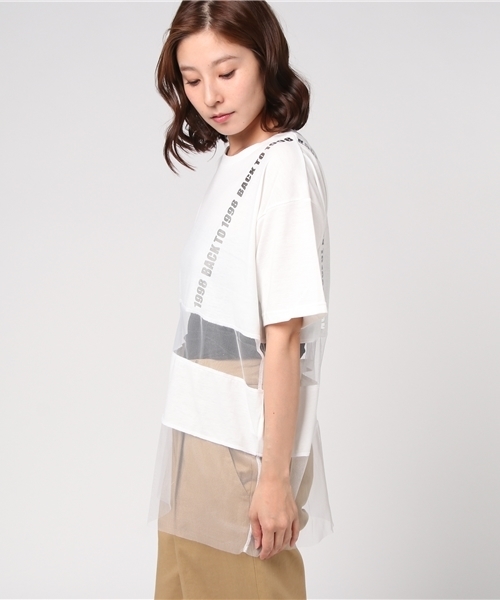 WEGO(ウィゴー)の「WEGO/チュールボーダーロゴTシャツ(Tシャツ/カットソー・レディース・ライトピンク/ブラック/ホワイト・FREE)」の5枚目の写真