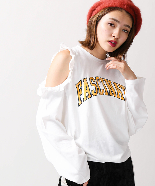 WEGO(ウィゴー)の「WEGO/オープンショルダーフリルロングカットソー(Tシャツ/カットソー・レディース・ブラック/オフホワイト・FREE)」の2枚目の写真