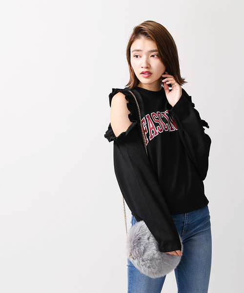 WEGO(ウィゴー)の「WEGO/オープンショルダーフリルロングカットソー(Tシャツ/カットソー・レディース・ブラック/オフホワイト・FREE)」の5枚目の写真