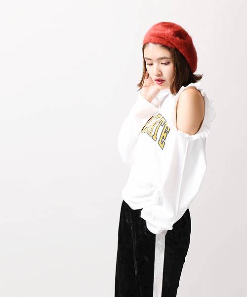 WEGO(ウィゴー)の「WEGO/オープンショルダーフリルロングカットソー(Tシャツ/カットソー・レディース・ブラック/オフホワイト・FREE)」の6枚目の写真