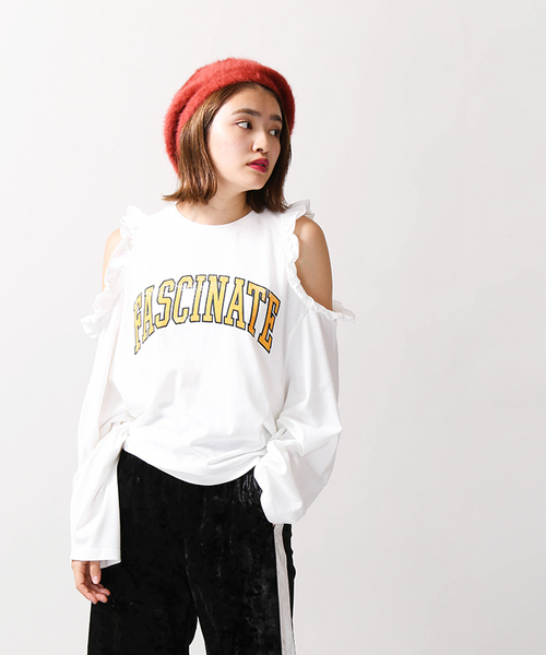 WEGO(ウィゴー)の「WEGO/オープンショルダーフリルロングカットソー(Tシャツ/カットソー・レディース・ブラック/オフホワイト・FREE)」の7枚目の写真