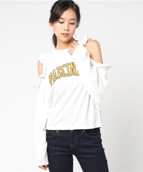 WEGO(ウィゴー)の「WEGO/オープンショルダーフリルロングカットソー(Tシャツ/カットソー・レディース・ブラック/オフホワイト・FREE)」の15枚目の写真