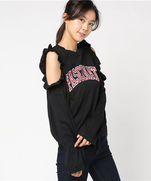 WEGO(ウィゴー)の「WEGO/オープンショルダーフリルロングカットソー(Tシャツ/カットソー・レディース・ブラック/オフホワイト・FREE)」の16枚目の写真