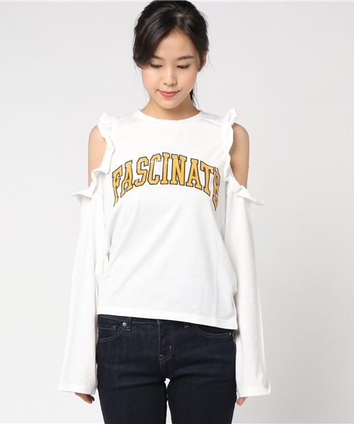 WEGO(ウィゴー)の「WEGO/オープンショルダーフリルロングカットソー(Tシャツ/カットソー・レディース・ブラック/オフホワイト・FREE)」の8枚目の写真