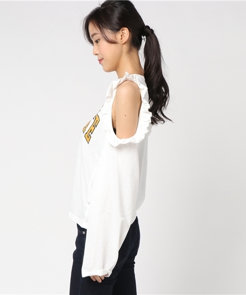 WEGO(ウィゴー)の「WEGO/オープンショルダーフリルロングカットソー(Tシャツ/カットソー・レディース・ブラック/オフホワイト・FREE)」の9枚目の写真