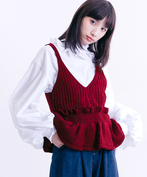 MERLOT（メルロー）の「ぺプラムフリルニットビスチェ1328（キャミソール・レディース・ブラック/イエロー/キャメル/ワイン/グリーン・FREE）」の5枚目の写真