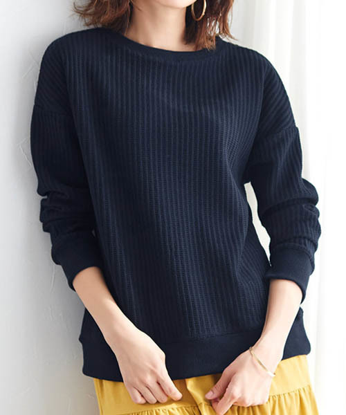 Pierrot（ピエロ）の「ワッフルプルオーバー/サーマル（スウェット・レディース・ブラック/ネイビー/アイボリー/杢グレー/レンガ/モカ/ブルー系その他・M/L）」の5枚目の写真