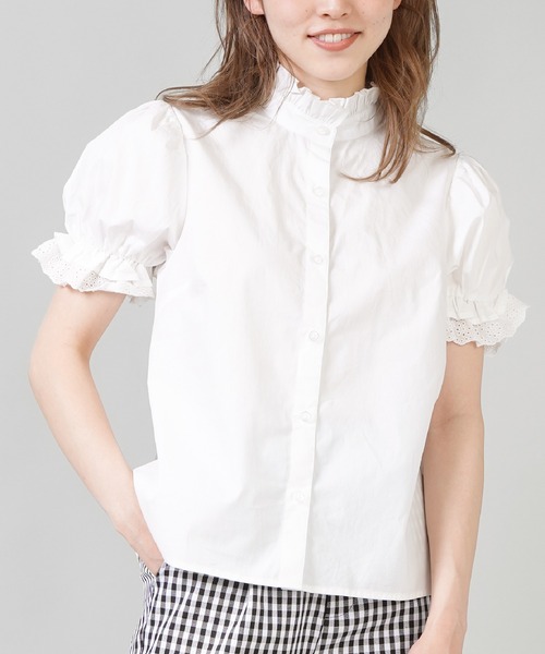 SPINNS(スピンズ)の「ハイネックフリルギャザーレースブラウス(シャツ/ブラウス・レディース・ホワイト/ブラック/ミント・ONESIZE)」の1枚目の写真