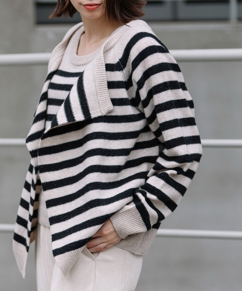 Munich(ミューニック)の「【2枚SET】エキストラファインメリノウールジャージー アンサンブルニット(ニット/セーター・レディース・ブラック/ベージュ/ブラウン系その他/ベージュ×ブラック・FREE)」の4枚目の写真