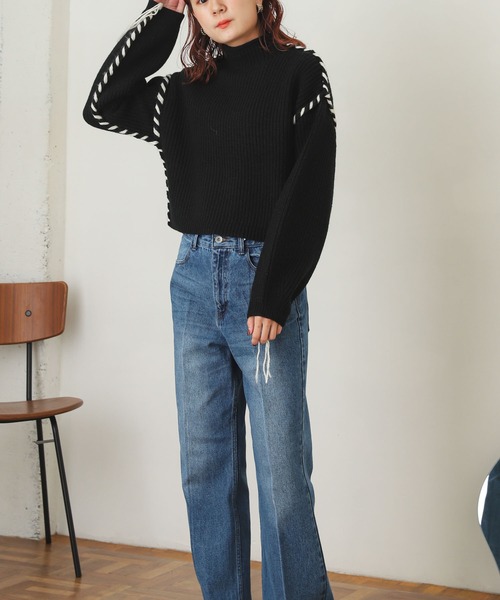 SENSE OF PLACE by URBAN RESEARCH（センスオブプレイスバイアーバンリサーチ）の「ハンドステッチショートセーター（ニット/セーター・レディース・アイボリー/ピンクベージュ/ブラック/カーキ・ONE）」の2枚目の写真