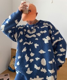 クルーネックジャガード柄ルーズニット