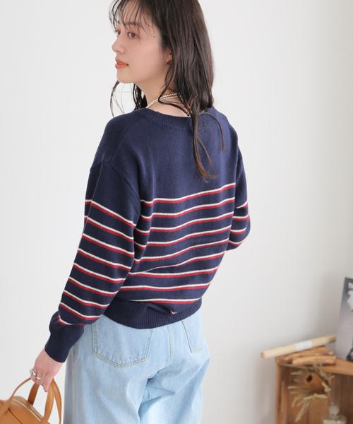 Simplicite（サンプリシテ）の「パネルボーダーニットプルオーバー◆（ニット/セーター・レディース・ホワイト/ブラック/ネイビー・FREE）」の3枚目の写真