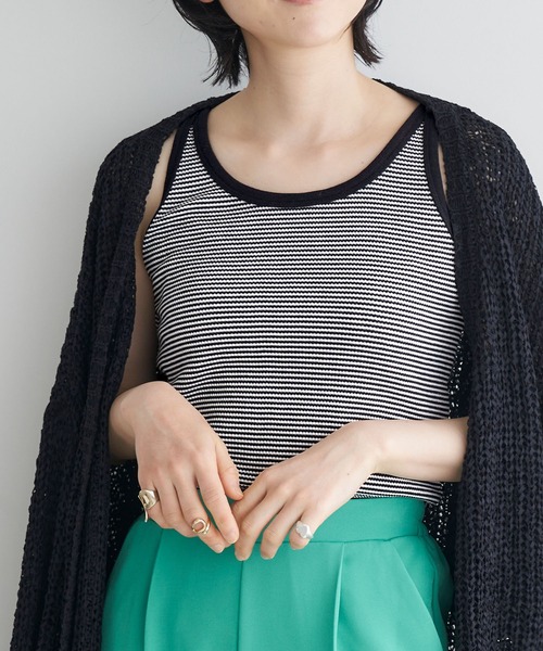 Chaco closet(チャコ クローゼット)の「ワッフルマルチボーダー配色パイピングタンクトップ(タンクトップ・レディース・ブラック/ブラウン/イエロー/ブルー/グリーン/モスグリーン・FREE)」の15枚目の写真