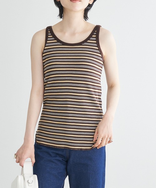 Chaco closet(チャコ クローゼット)の「ワッフルマルチボーダー配色パイピングタンクトップ(タンクトップ・レディース・ブラック/ブラウン/イエロー/ブルー/グリーン/モスグリーン・FREE)」の20枚目の写真