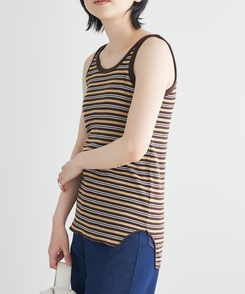 Chaco closet(チャコ クローゼット)の「ワッフルマルチボーダー配色パイピングタンクトップ(タンクトップ・レディース・ブラック/ブラウン/イエロー/ブルー/グリーン/モスグリーン・FREE)」の21枚目の写真
