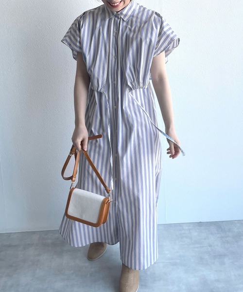 w closet(ダブルクローゼット)の「先染めストライプレイヤード風シャツワンピース(シャツワンピース・レディース・ブラック/ブルー/グリーン・FREE)」の3枚目の写真