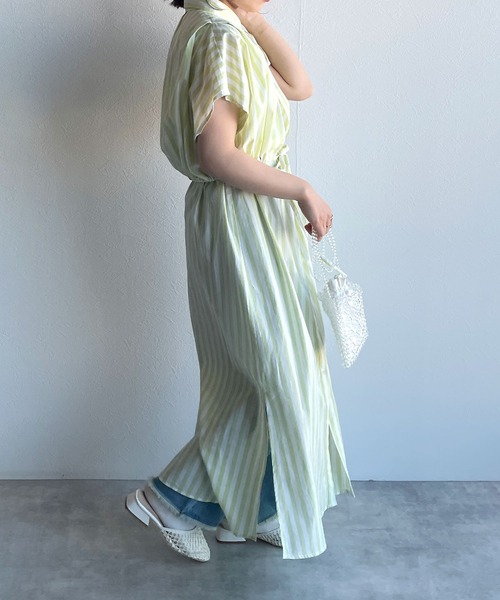 w closet(ダブルクローゼット)の「先染めストライプレイヤード風シャツワンピース(シャツワンピース・レディース・ブラック/ブルー/グリーン・FREE)」の19枚目の写真