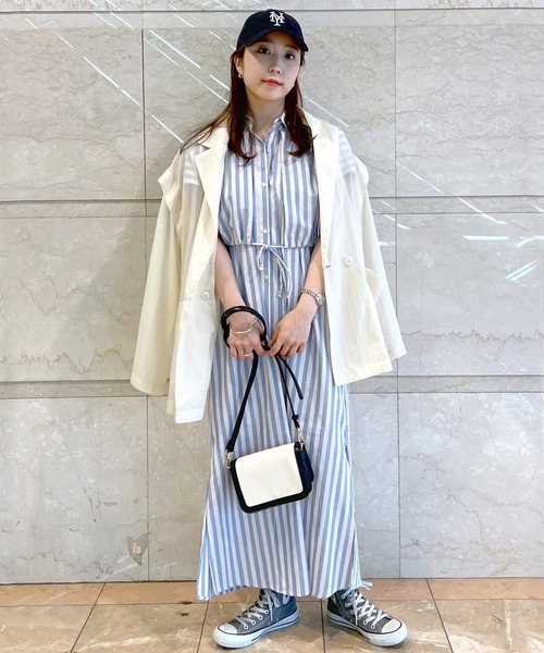 w closet(ダブルクローゼット)の「先染めストライプレイヤード風シャツワンピース(シャツワンピース・レディース・ブラック/ブルー/グリーン・FREE)」の8枚目の写真
