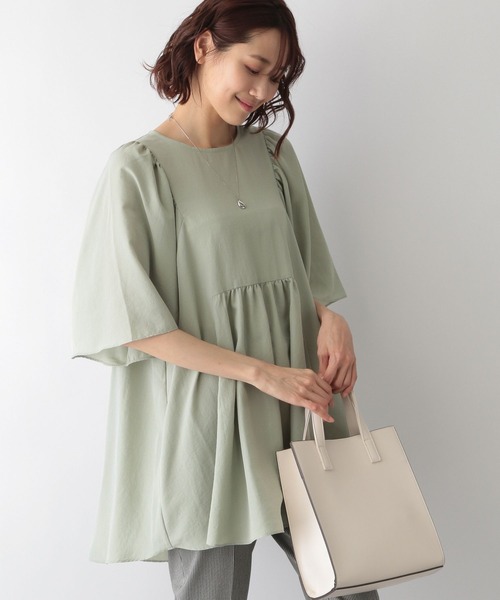 GLOBAL WORK（グローバルワーク）の「お手入れらくらくチュニック/266994（シャツ/ブラウス・レディース・グレイッシュベージュ/カーキ/オレンジ/スミクロ/イエロー系その他・FREE）」の4枚目の写真