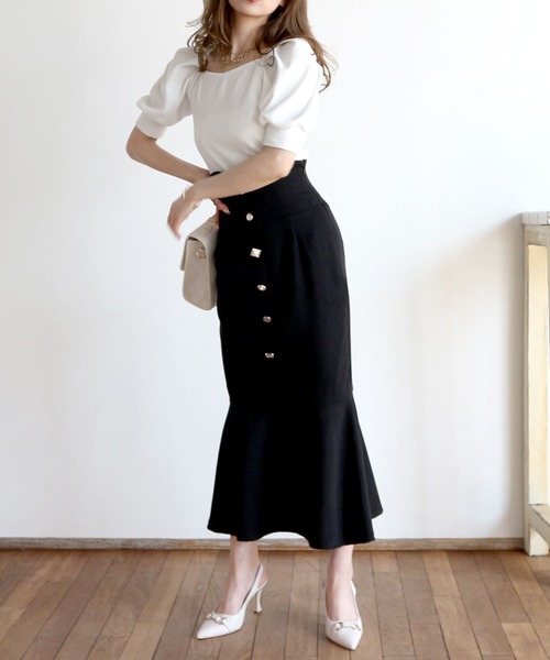 ROYAL PARTY（ロイヤルパーティー）の「ショルダータックパフトップス（Tシャツ/カットソー・レディース・マルチ/ブラック/オフホワイト・FREE）」の5枚目の写真