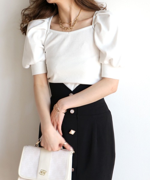 ROYAL PARTY（ロイヤルパーティー）の「ショルダータックパフトップス（Tシャツ/カットソー・レディース・マルチ/ブラック/オフホワイト・FREE）」の6枚目の写真