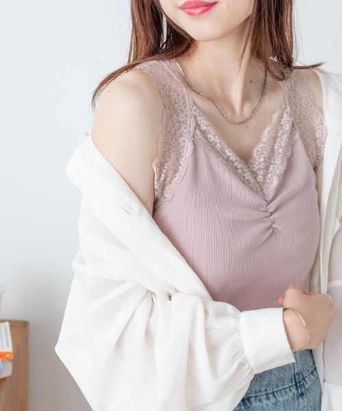 WEGO（ウィゴー）の「WEGO/ギャザーレースタンクトップ（タンクトップ・レディース・ホワイト/ブラック/ピンク・FREE）」の3枚目の写真