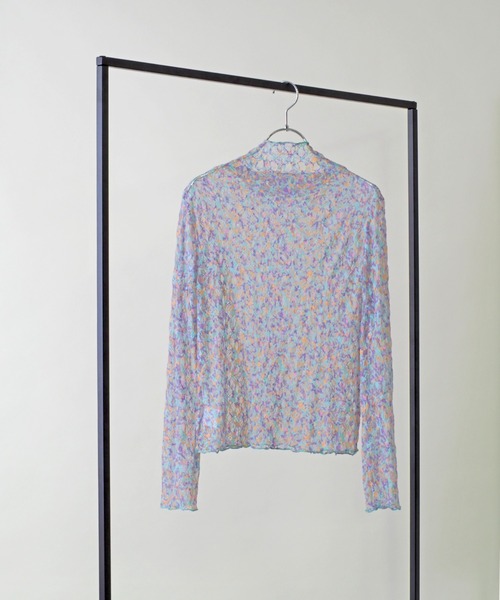 Bloom Closet(ブルームクローゼット)の「リンクルストレッチレースシアートップス(Tシャツ/カットソー・レディース・ネイビー/ピンク/ブルー/アイボリー・FREE)」の3枚目の写真