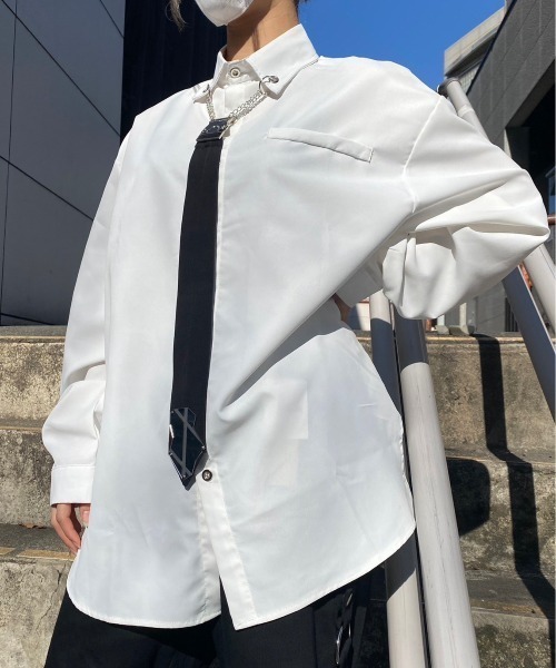 almo(アルモ)の「ミラーネクタイビッグシャツ(BQ)(シャツ/ブラウス・レディース・ブラック/ホワイト・MEDIUM)」の2枚目の写真