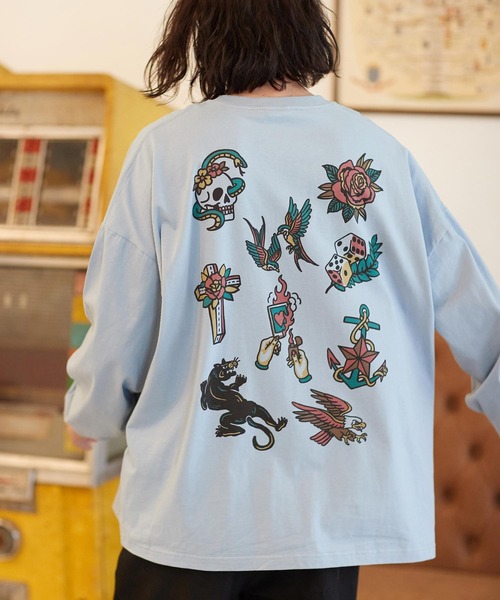 mlt4260- アメトラ風タトゥーデザインビッグシルエットロンT（Tシャツ