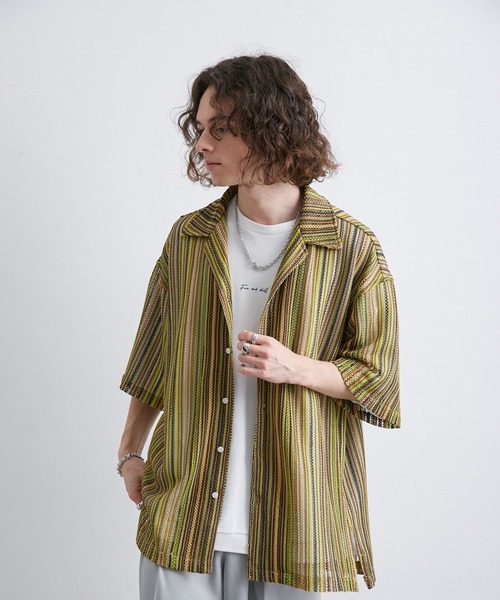 JUNRED（ジュンレッド）の「透かし編みストライプ柄シャツ（シャツ/ブラウス・メンズ・ネイビー/イエロー/ブルー・M/L/LL）」の6枚目の写真