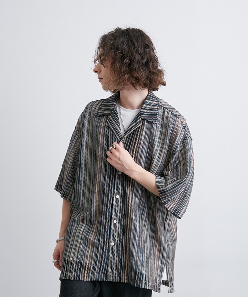 JUNRED（ジュンレッド）の「透かし編みストライプ柄シャツ（シャツ/ブラウス・メンズ・ネイビー/イエロー/ブルー・M/L/LL）」の8枚目の写真