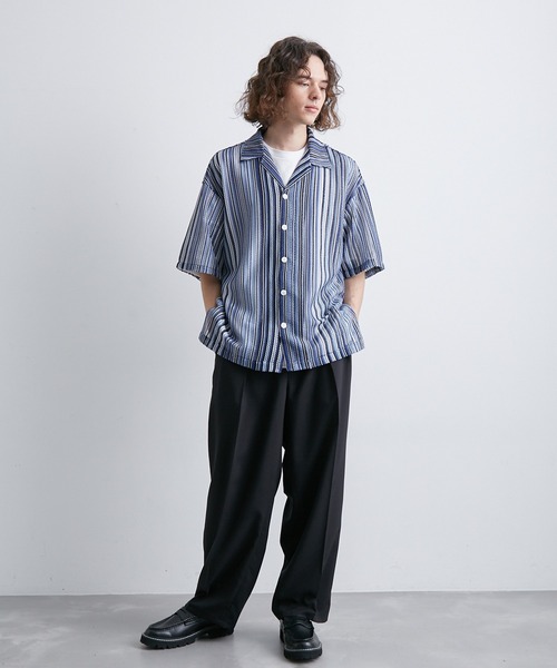 JUNRED（ジュンレッド）の「透かし編みストライプ柄シャツ（シャツ/ブラウス・メンズ・ネイビー/イエロー/ブルー・M/L/LL）」の10枚目の写真