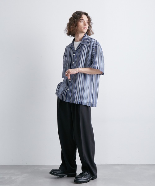 JUNRED（ジュンレッド）の「透かし編みストライプ柄シャツ（シャツ/ブラウス・メンズ・ネイビー/イエロー/ブルー・M/L/LL）」の11枚目の写真