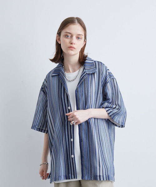 JUNRED（ジュンレッド）の「透かし編みストライプ柄シャツ（シャツ/ブラウス・メンズ・ネイビー/イエロー/ブルー・M/L/LL）」の16枚目の写真