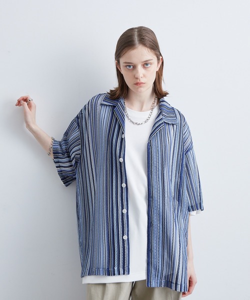 JUNRED（ジュンレッド）の「透かし編みストライプ柄シャツ（シャツ/ブラウス・メンズ・ネイビー/イエロー/ブルー・M/L/LL）」の17枚目の写真