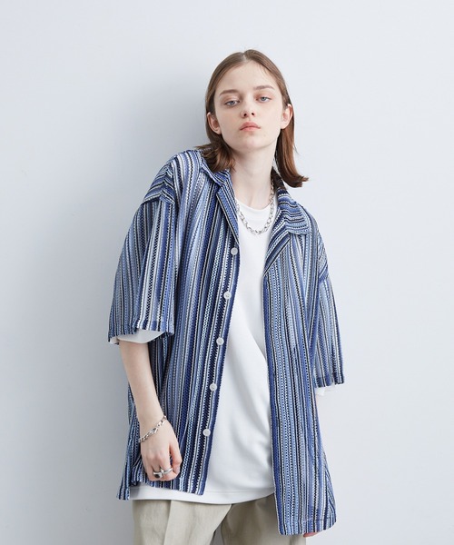 JUNRED（ジュンレッド）の「透かし編みストライプ柄シャツ（シャツ/ブラウス・メンズ・ネイビー/イエロー/ブルー・M/L/LL）」の18枚目の写真