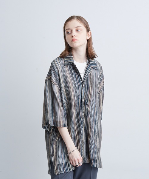 JUNRED（ジュンレッド）の「透かし編みストライプ柄シャツ（シャツ/ブラウス・メンズ・ネイビー/イエロー/ブルー・M/L/LL）」の19枚目の写真