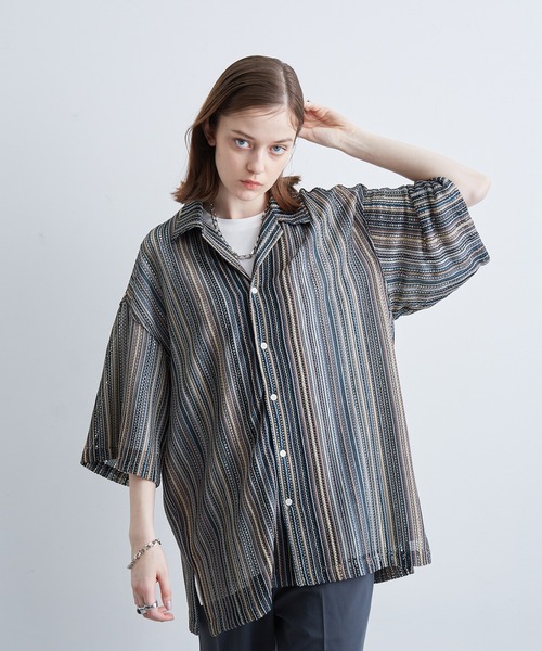 JUNRED（ジュンレッド）の「透かし編みストライプ柄シャツ（シャツ/ブラウス・メンズ・ネイビー/イエロー/ブルー・M/L/LL）」の20枚目の写真