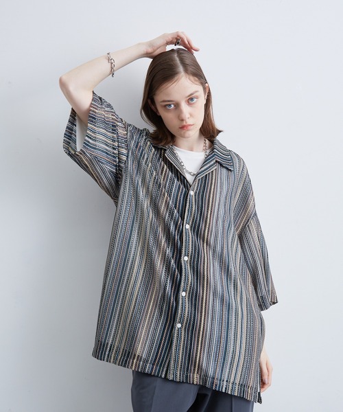 JUNRED（ジュンレッド）の「透かし編みストライプ柄シャツ（シャツ/ブラウス・メンズ・ネイビー/イエロー/ブルー・M/L/LL）」の21枚目の写真