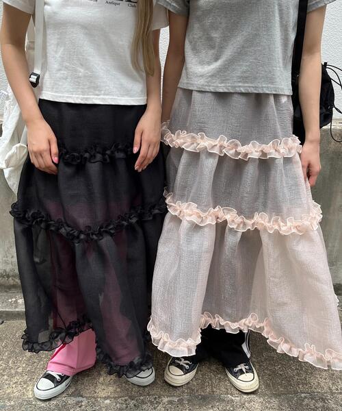WC(ダブル シー)の「ボリュームシアーフリルスカート(スカート・レディース・ベージュ/ブラック・FREE)」の18枚目の写真