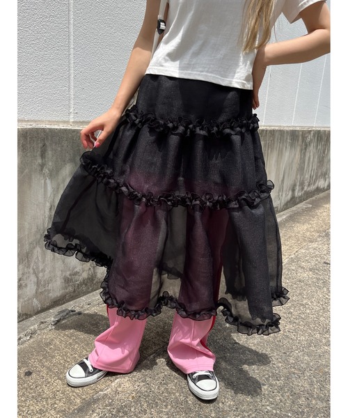 WC(ダブル シー)の「ボリュームシアーフリルスカート(スカート・レディース・ベージュ/ブラック・FREE)」の3枚目の写真